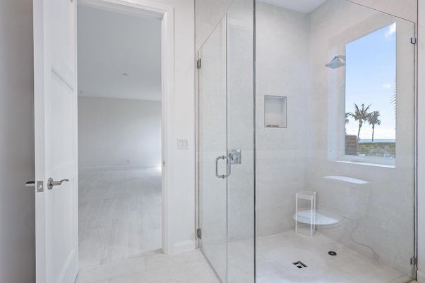 Bathroom, Glass Shower, Interior, Recessed Lighting, Wood Texture Flooring
