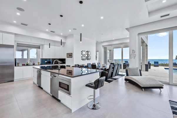Dining room, Interior, Kitchen, Pendant Lights, Recessed Lighting, Stainless Steel Appliances, Water