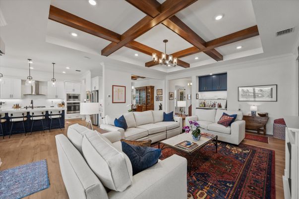Interior, Kitchen, Living room, Pendant Lights, Recessed Lighting, Stainless Steel Appliances, Wooden Beams, Wood Texture Flooring