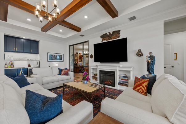Fireplace, Interior, Living room, Pendant Lights, Recessed Lighting, Wooden Beams, Wood Texture Flooring