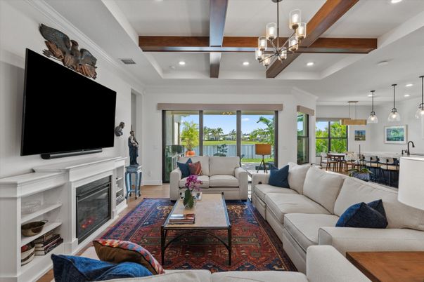 Dining room, Fireplace, Interior, Living room, Pendant Lights, Recessed Lighting, Wooden Beams, Wood Texture Flooring