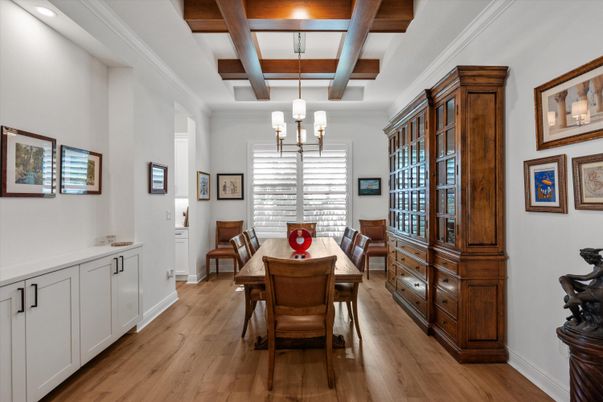 Chandelier, Dining room, Interior, Recessed Lighting, Wooden Beams, Wood Texture Flooring