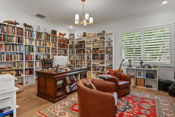 Home Office, Interior, Pendant Lights, Recessed Lighting, Wood Texture Flooring