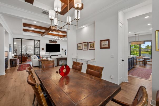 Chandelier, Dining room, Interior, Living room, Pendant Lights, Recessed Lighting, Wooden Beams, Wood Texture Flooring