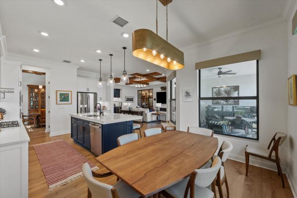 Dining room, Interior, Kitchen, Pendant Lights, Recessed Lighting, Stainless Steel Appliances, Wood Texture Flooring