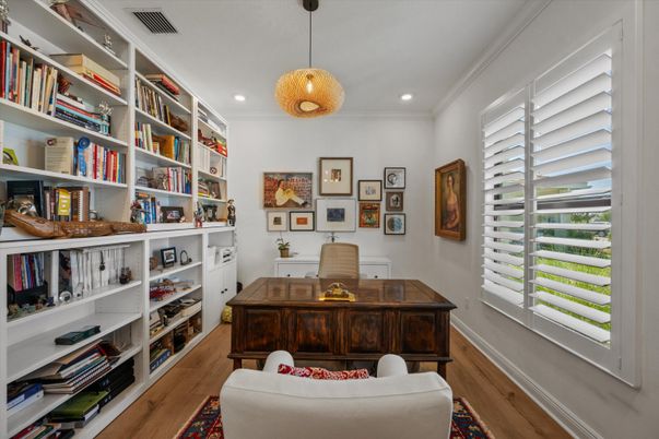 Home Office, Interior, Pendant Lights, Recessed Lighting, Wood Texture Flooring