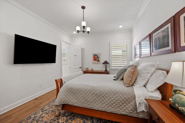 Bedroom, Interior, Pendant Lights, Recessed Lighting, Wood Texture Flooring
