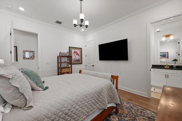 Bedroom, Interior, Pendant Lights, Recessed Lighting, Wood Texture Flooring