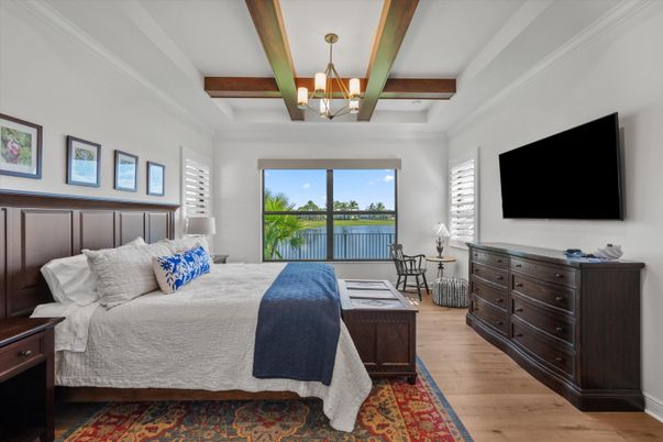 Bedroom, Chandelier, Interior, Water, Wooden Beams, Wood Texture Flooring