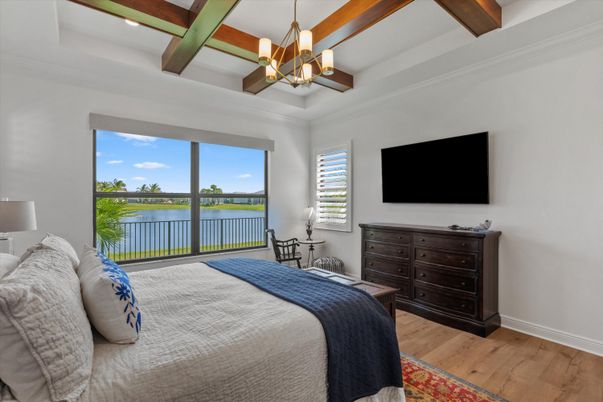 Bedroom, Chandelier, Interior, Recessed Lighting, Water, Wooden Beams, Wood Texture Flooring