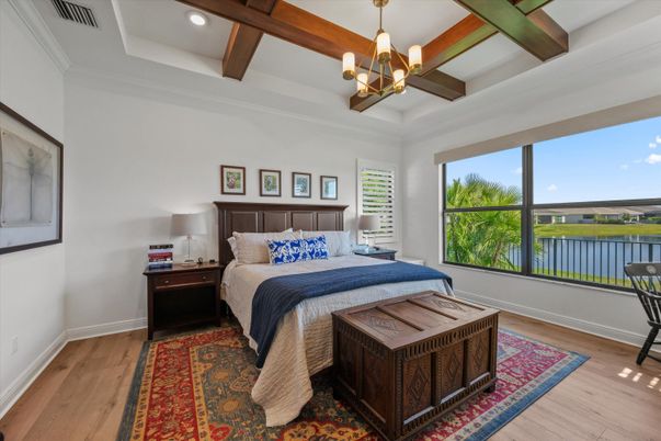 Bedroom, Chandelier, Interior, Recessed Lighting, Water, Wooden Beams, Wood Texture Flooring