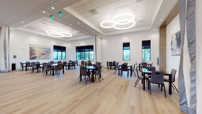 Dining room, Interior, Pendant Lights, Recessed Lighting, Wood Texture Flooring