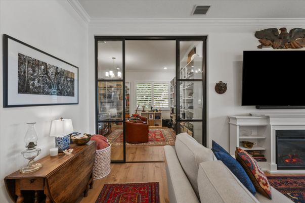 Fireplace, Interior, Living room, Pendant Lights, Recessed Lighting, Wood Texture Flooring