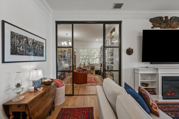 Fireplace, Interior, Living room, Pendant Lights, Recessed Lighting, Wood Texture Flooring