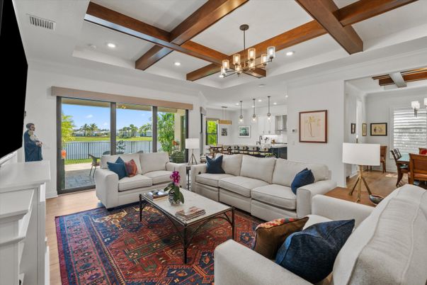 Chandelier, Dining room, Interior, Kitchen, Living room, Pendant Lights, Recessed Lighting, Wooden Beams, Wood Texture Flooring
