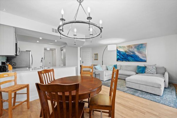 Chandelier, Dining room, Interior, Kitchen, Living room, Pendant Lights, Recessed Lighting, Wood Texture Flooring