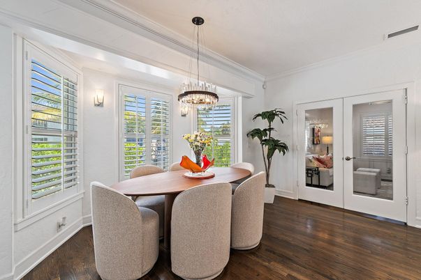 Dining room, Interior, Pendant Lights, Wood Texture Flooring