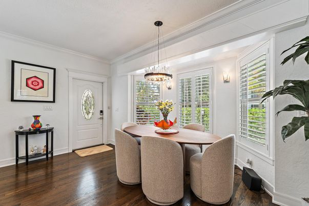 Dining room, Interior, Pendant Lights, Wood Texture Flooring