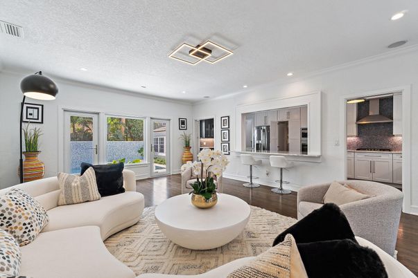 Interior, Kitchen, Living room, Recessed Lighting, Stainless Steel Appliances, Wood Texture Flooring
