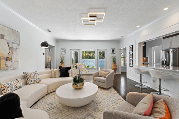Interior, Kitchen, Living room, Recessed Lighting, Stainless Steel Appliances, Wood Texture Flooring
