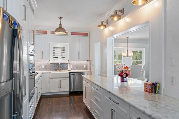 Interior, Kitchen, Pendant Lights, Stainless Steel Appliances, Wood Texture Flooring
