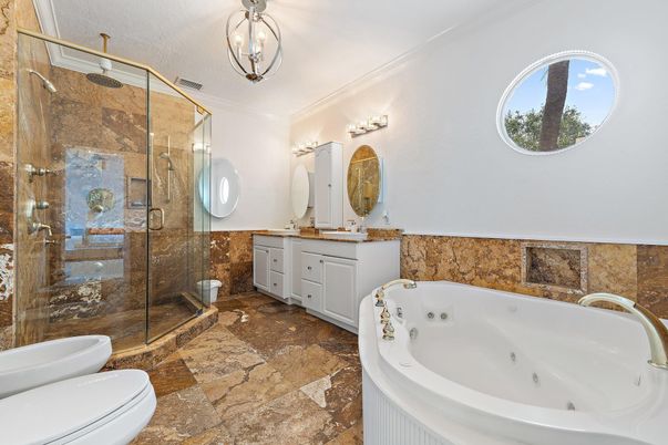 Bathroom, Dual Sink Vanities, Glass Shower, Interior, Pendant Lights