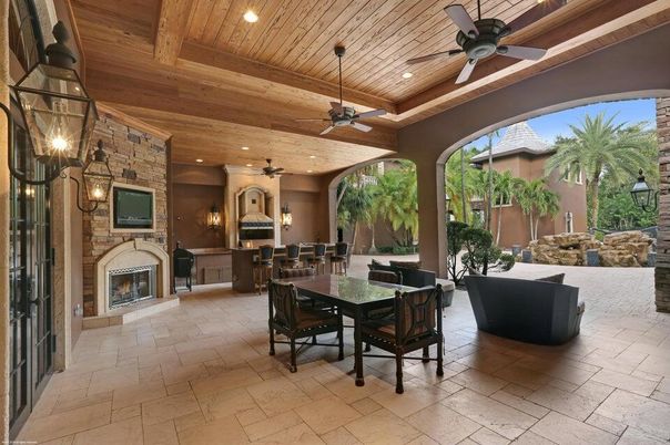 Exterior, Fireplace, Recessed Lighting, Stone Walls, Wooden Ceilings