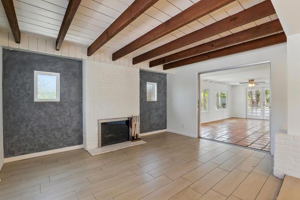 Empty room, Fireplace, Interior, Wooden Beams, Wood Texture Flooring