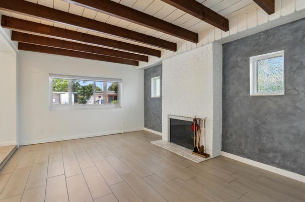 Empty room, Fireplace, Interior, Wooden Beams, Wood Texture Flooring