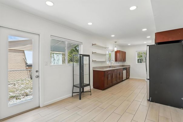 Interior, Kitchen, Pendant Lights, Recessed Lighting, Wood Texture Flooring