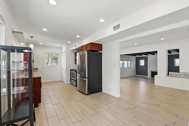 Interior, Kitchen, Pendant Lights, Recessed Lighting, Stainless Steel Appliances, Wood Texture Flooring