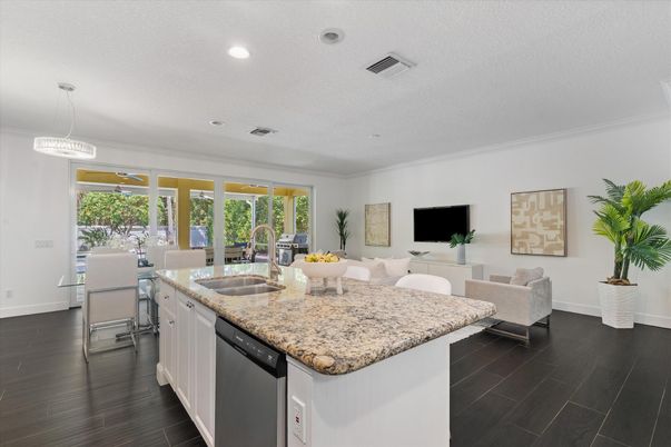 Dining room, Interior, Kitchen, Living room, Pendant Lights, Recessed Lighting, Stainless Steel Appliances, Wood Texture Flooring