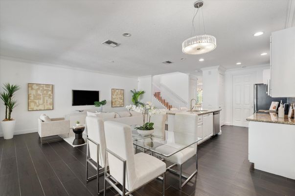 Dining room, Interior, Kitchen, Living room, Pendant Lights, Recessed Lighting, Wood Texture Flooring
