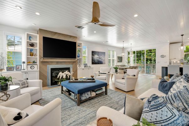 Dining room, Fireplace, Interior, Kitchen, Living room, Pendant Lights, Recessed Lighting, Wood Texture Flooring