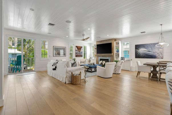 Dining room, Fireplace, Interior, Living room, Pendant Lights, Recessed Lighting, Wood Texture Flooring