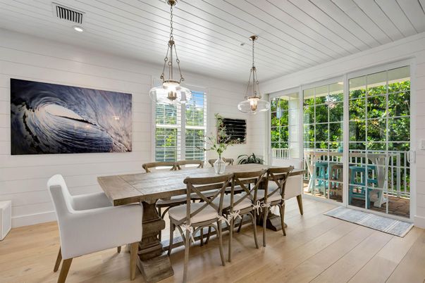 Dining room, Interior, Pendant Lights, Recessed Lighting, Wood Texture Flooring