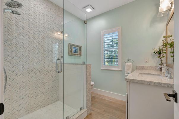 Bathroom, Glass Shower, Interior, Recessed Lighting, Wood Texture Flooring