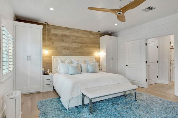 Bedroom, Interior, Recessed Lighting, Wood Texture Flooring, Wooden Walls