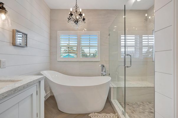 Bathroom, Chandelier, Free Standing Baths, Glass Shower, Interior, Recessed Lighting