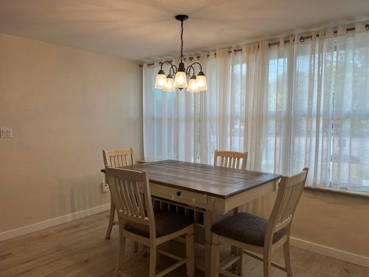 Dining room, Interior, Pendant Lights, Wood Texture Flooring