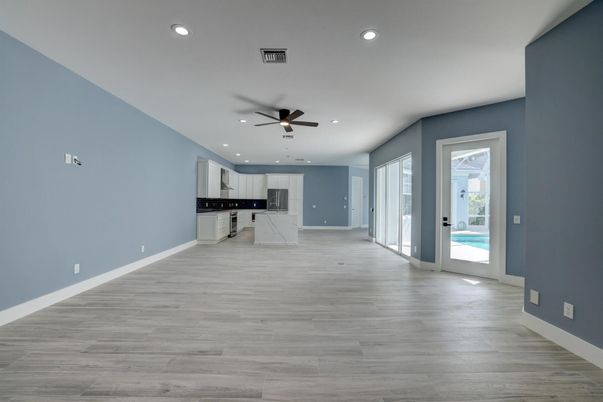 Empty room, Interior, Kitchen, Recessed Lighting, Wood Texture Flooring