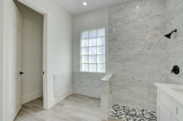 Bathroom, Interior, Marble Walls, Recessed Lighting, Wood Texture Flooring