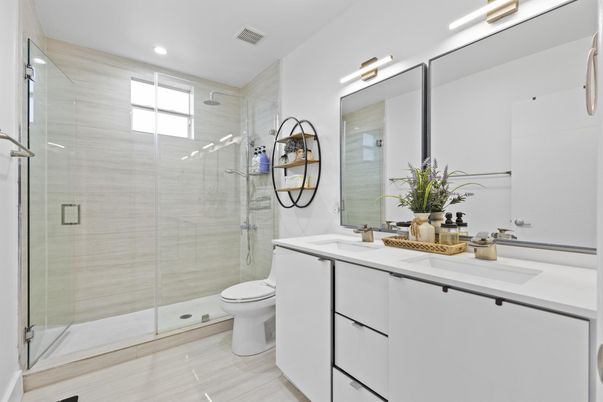 Bathroom, Dual Sink Vanities, Glass Shower, Interior, Recessed Lighting