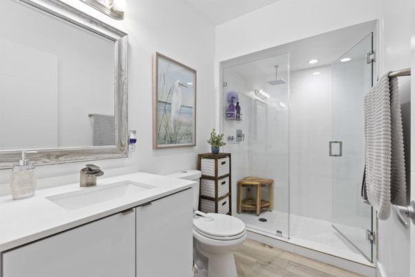 Bathroom, Glass Shower, Interior, Recessed Lighting, Wood Texture Flooring