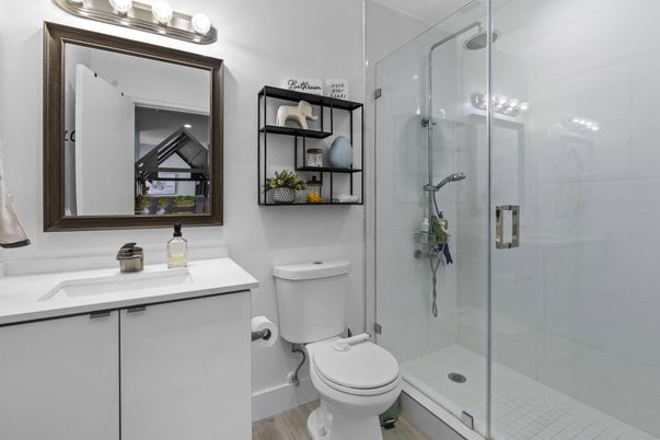 Bathroom, Glass Shower, Interior, Wood Texture Flooring
