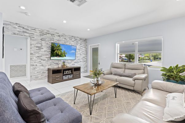 Interior, Living room, Recessed Lighting, Stone Walls