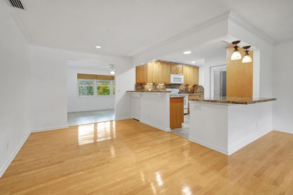 Empty room, Interior, Kitchen, Recessed Lighting, Wood Texture Flooring