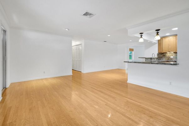 Empty room, Interior, Kitchen, Pendant Lights, Recessed Lighting, Wood Texture Flooring