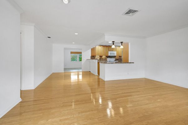 Empty room, Interior, Kitchen, Pendant Lights, Recessed Lighting, Wood Texture Flooring