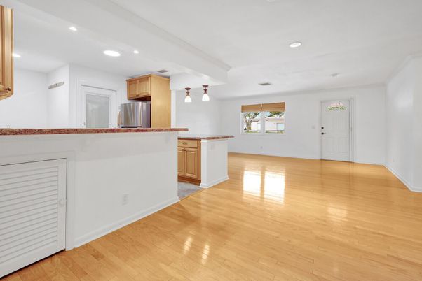 Empty room, Interior, Kitchen, Pendant Lights, Recessed Lighting, Wood Texture Flooring